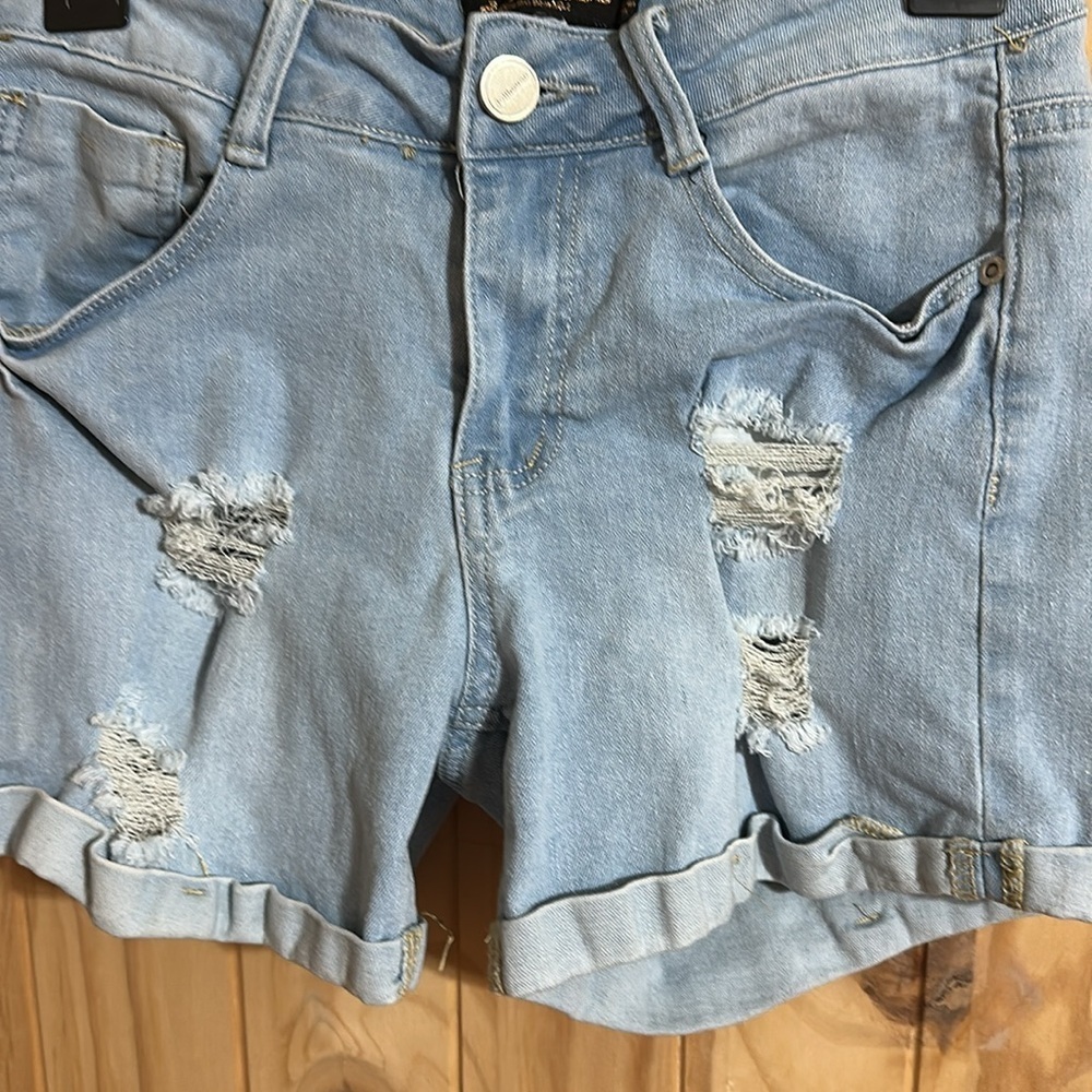 DOLLHOUSE x You Are Beautiful Distressed Light Blue Denim Shorts - Picture 3 of 6